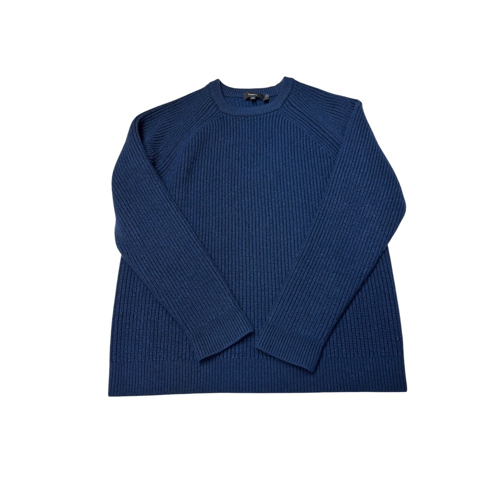 Theory Meylan O Cashwool Navy Blue 100% Merino Wool‎ Ribbed Crewneck Sweater XL